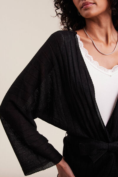 Gilet style kimono ceinturé noir femme