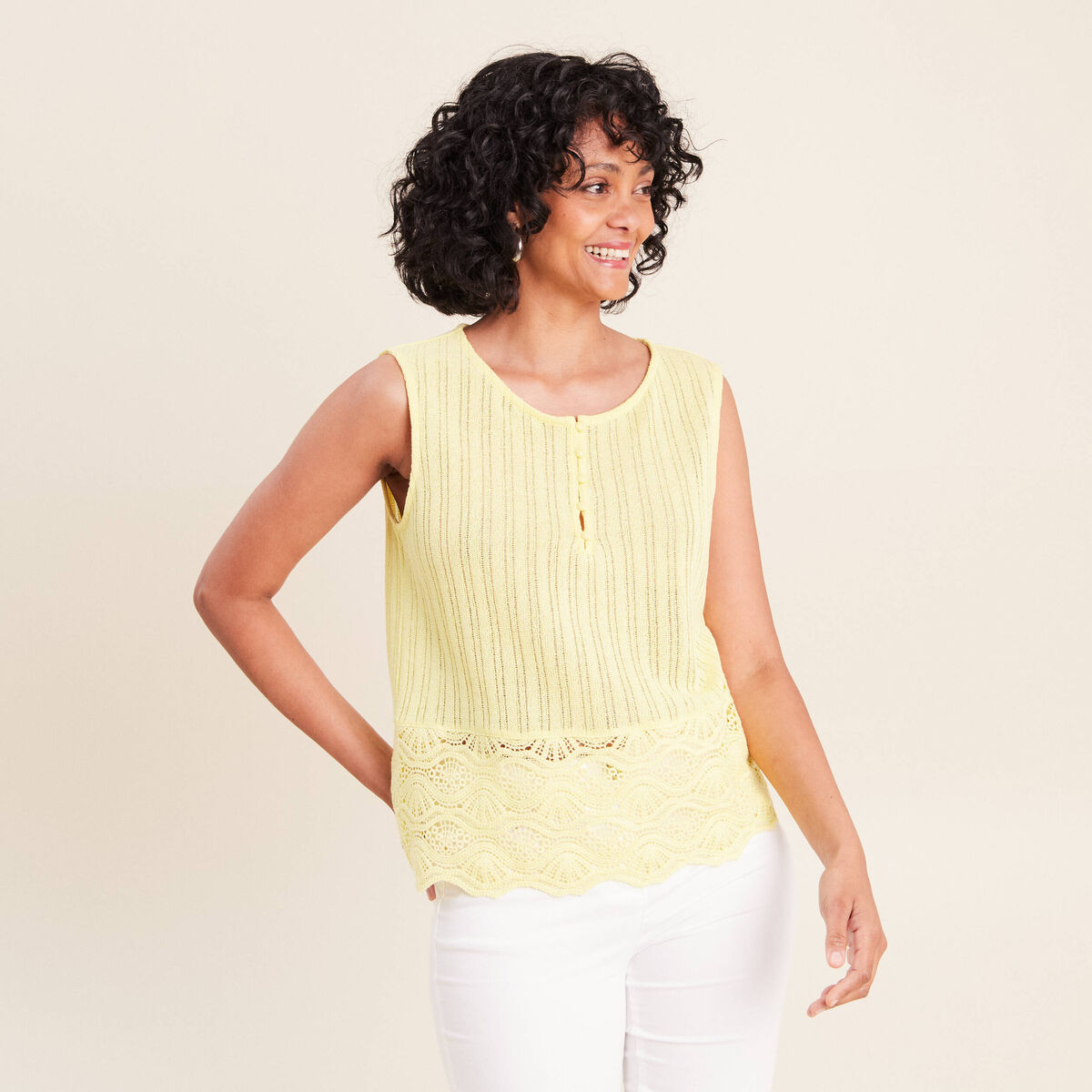 Top sans manches avec dentelle jaune pastel femme