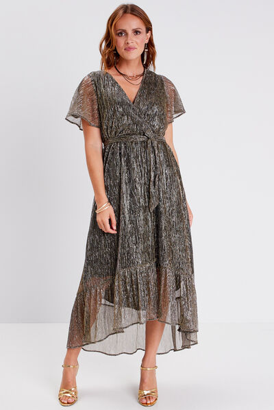 Robe longue droite ceinturée couleur or femme