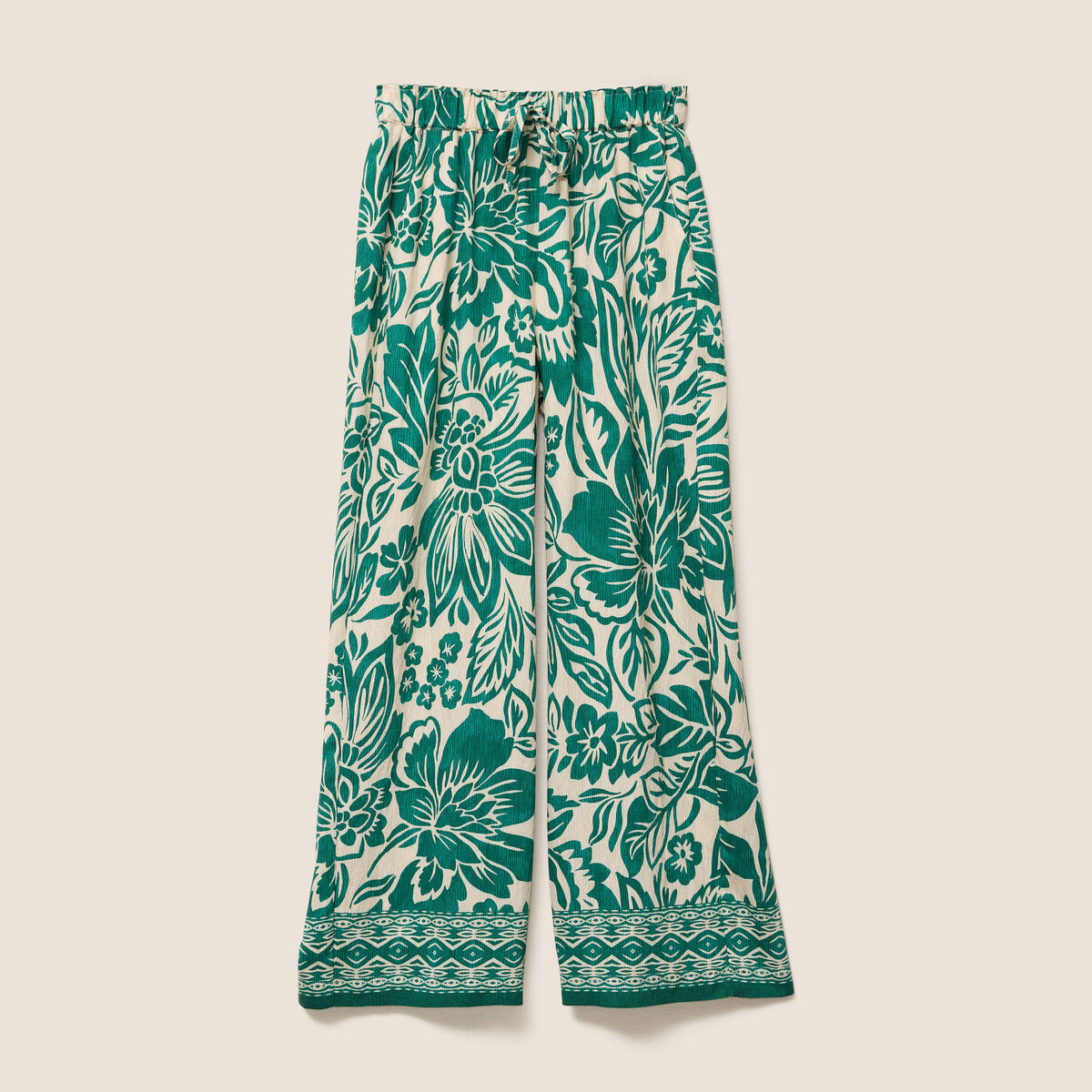 Pantalon large taille haute ecru femme