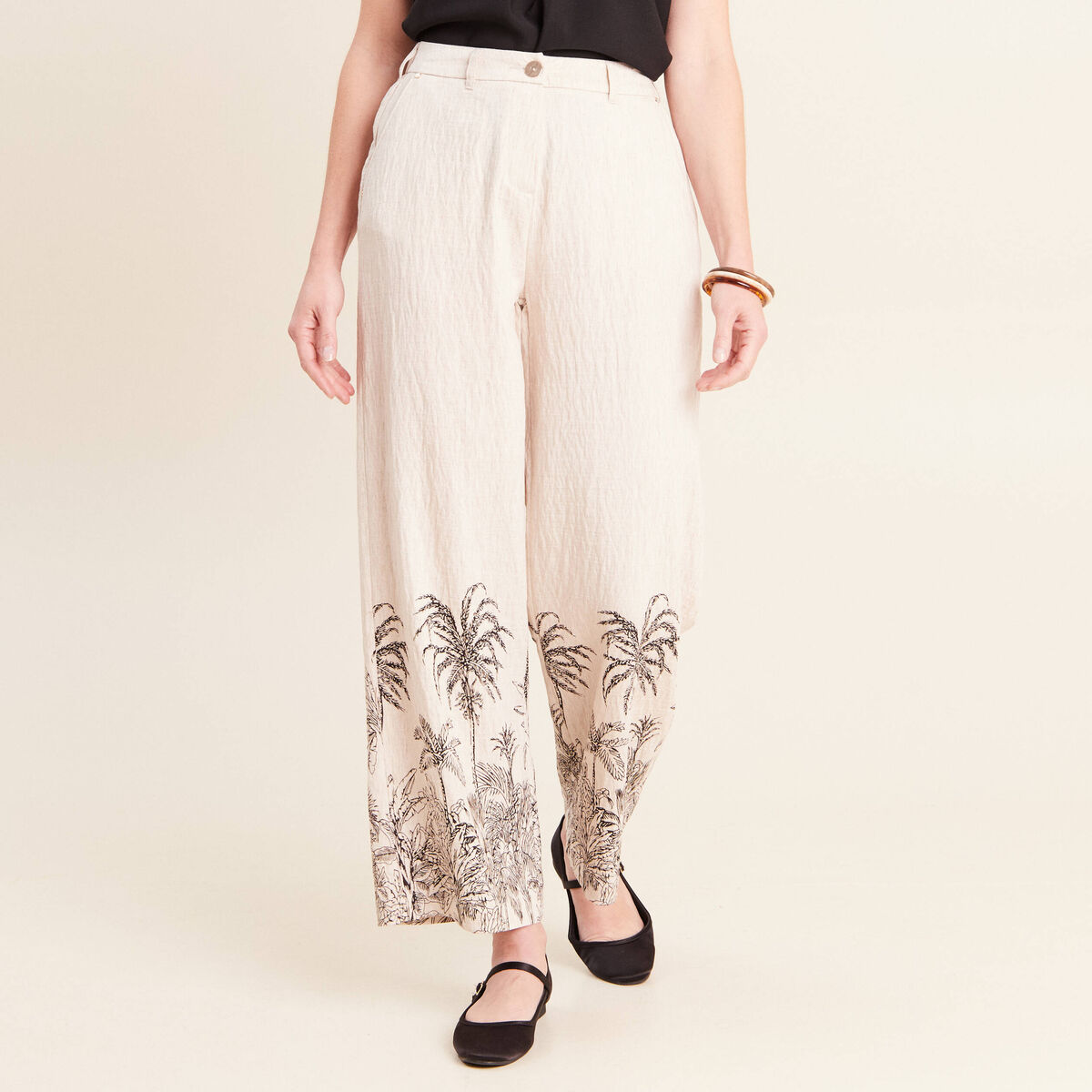 Pantalon large taille haute beige femme