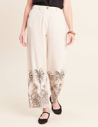 Pantalon large taille haute beige femme