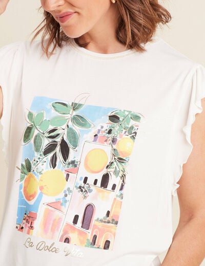 Top col rond manches courtes ecru femme