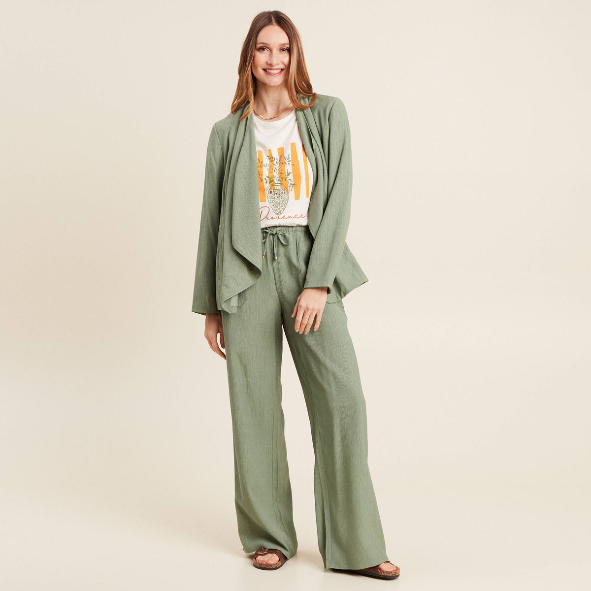Pantalon large fluide vert kaki femme