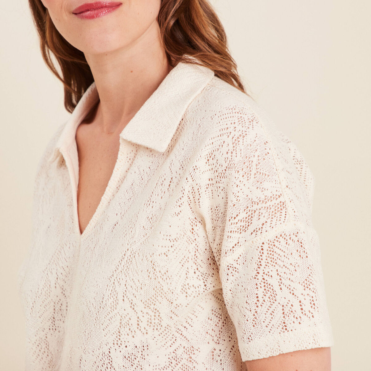 T-shirt col chemise ecru femme
