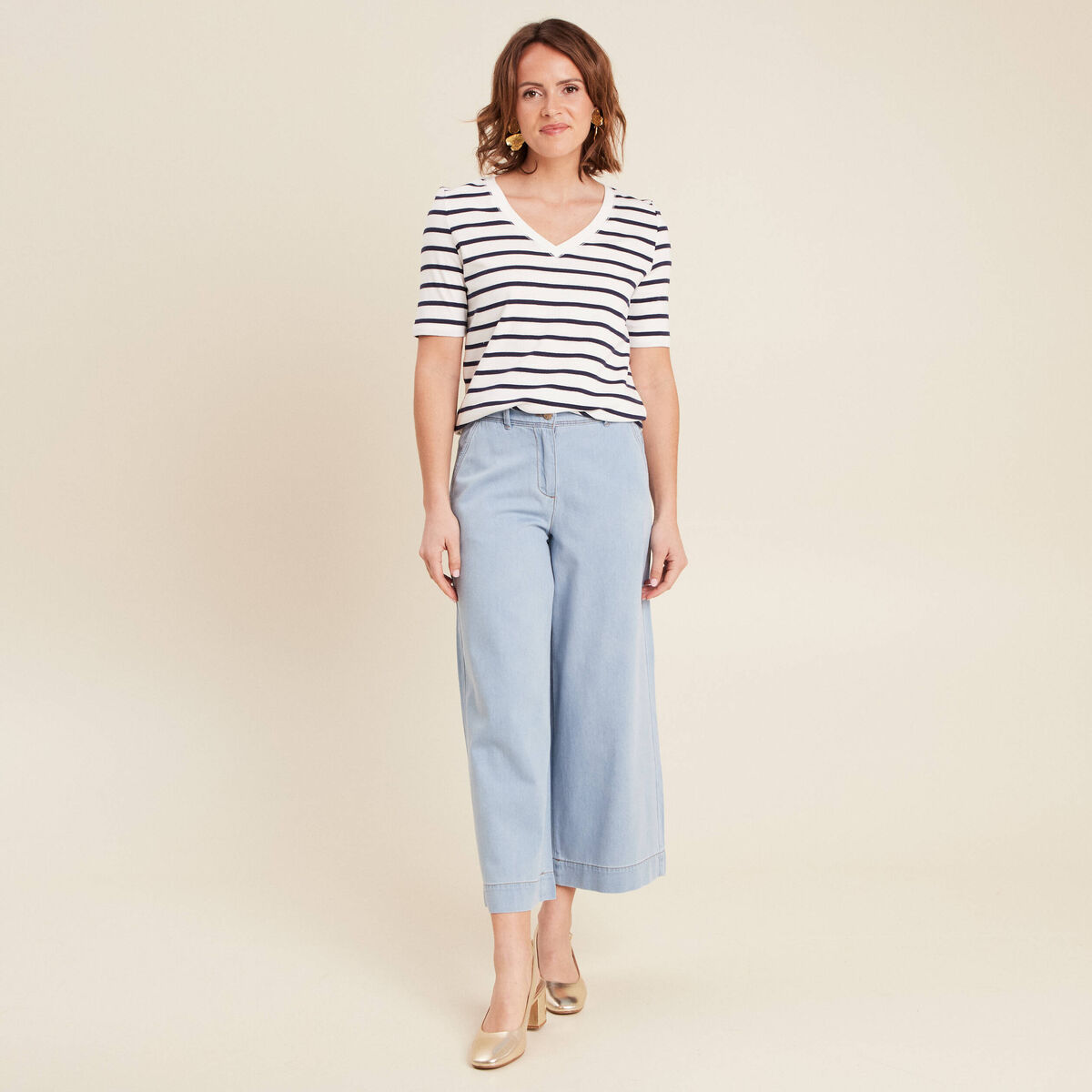 Jean large 7/8ème taille haute denim bleach femme