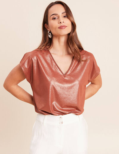 T-shirt col V manches courtes marron fonc&eacute; femme