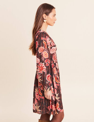 Robe courte &eacute;vas&eacute;e col v manches longues marron femme