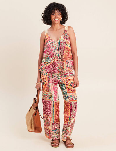 Pantalon large taille haute rose femme