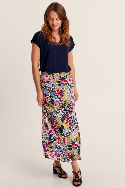 Jupe midi droite fendue multicolore femme