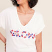 T-shirt col v manches courtes ecru femme
