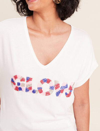 T-shirt col v manches courtes ecru femme