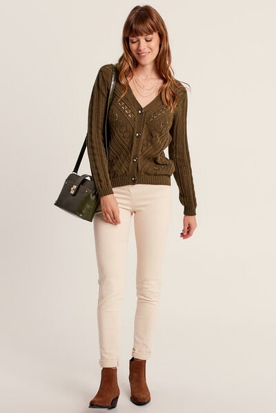 Gilet ajouré manches longues vert olive femme