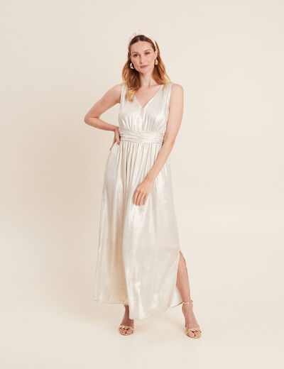 Robe longue évasée métallisée couleur or femme