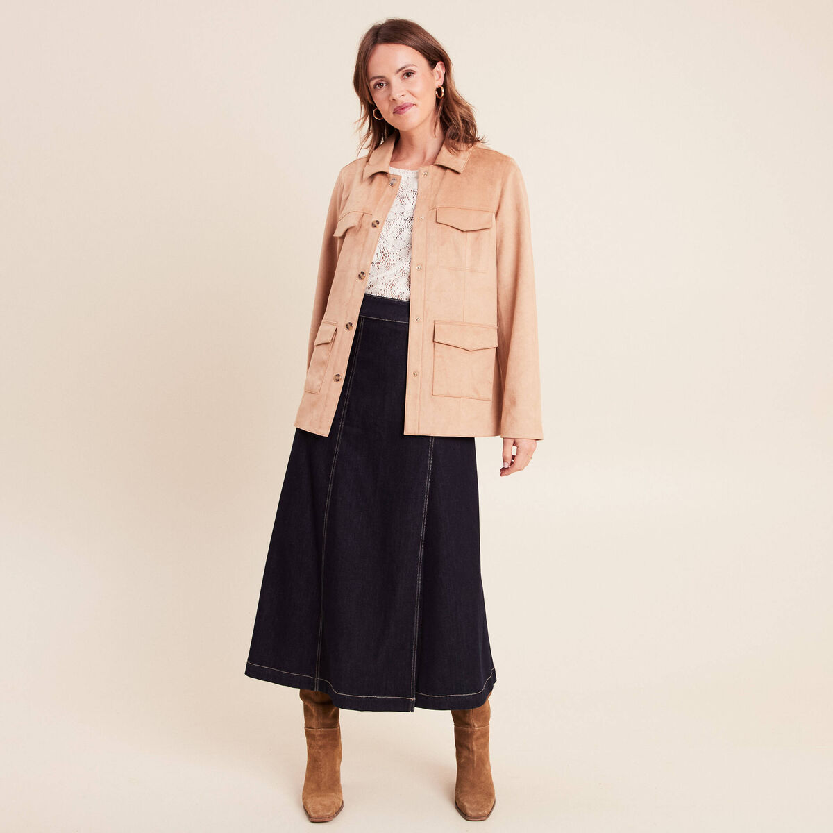 Veste droite longue aspect daim marron clair femme