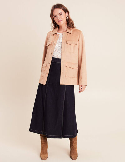 Veste droite longue aspect daim marron clair femme