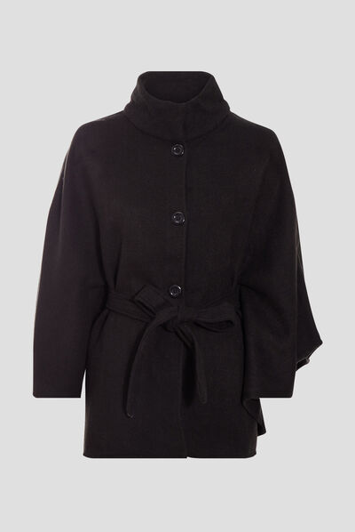 Poncho boutonné ceinturé noir femme