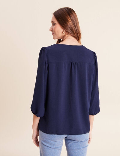 Blouse col v manches 3/4 fluide bleu marine femme