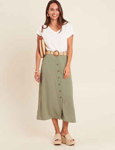 Jupe longue évasée ceinture amovible vert kaki femme