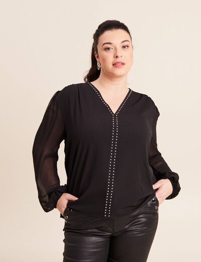 T-shirt col v manches longues noir femme