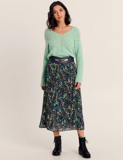 Jupe longue droite plissée bleu marine femme
