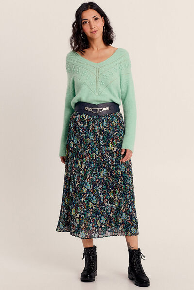 Jupe longue droite plissée bleu marine femme