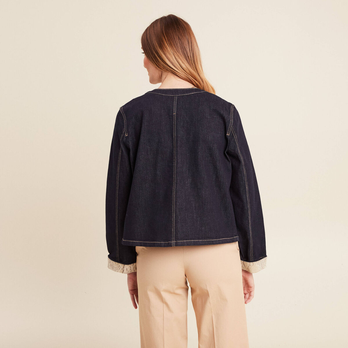 Veste sans col denim brut femme