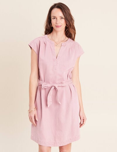 Robe courte ceintur&eacute;e col tunisien rose femme