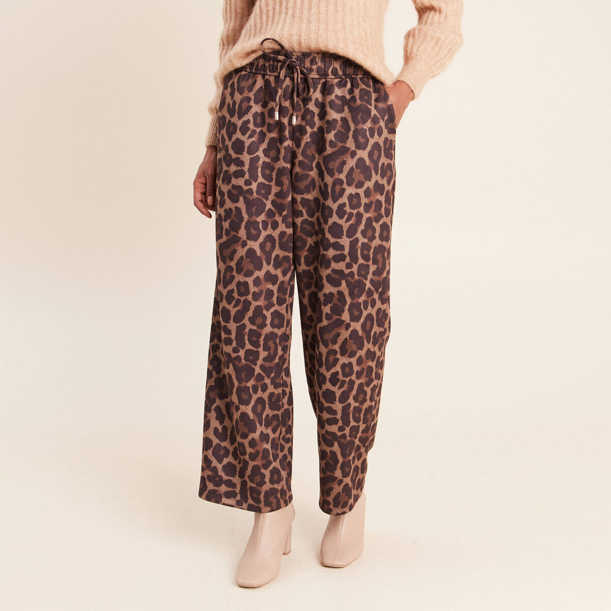 Pantalon droit 7/8&egrave;me taille haute daim marron femme