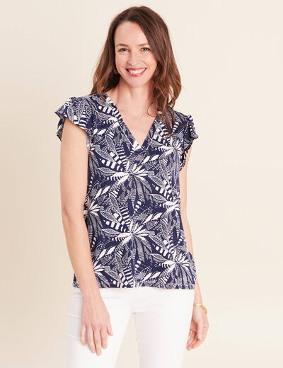 T-shirt col v manches courtes bleu femme