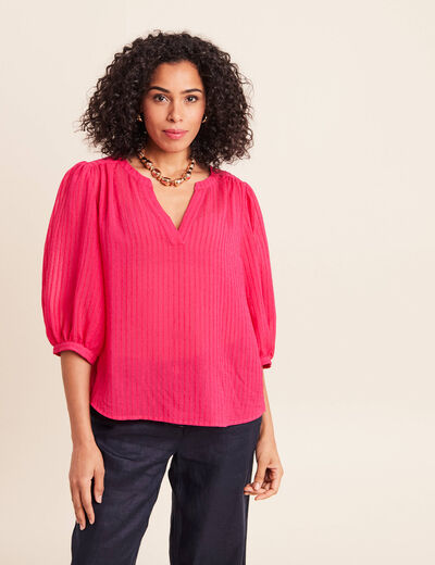 Blouse ample col tunisien manches 3/4 rose fushia femme