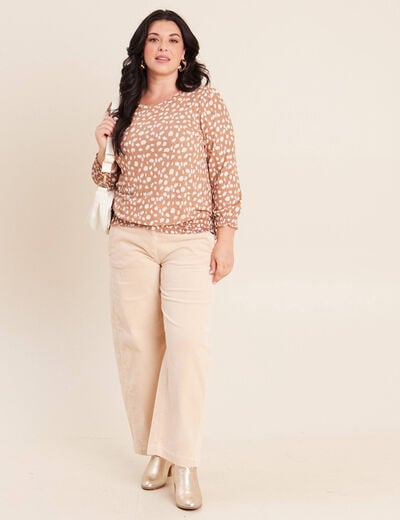 T-shirt col rond manches 3/4 marron femme