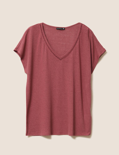 T-shirt col v manches courtes aspect lin vieux rose femme
