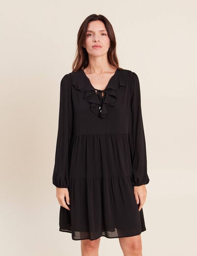 Robe courte &eacute;vas&eacute;e col v manches longues noir femme