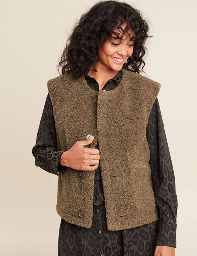 Gilet réversible laine mouton vert kaki femme