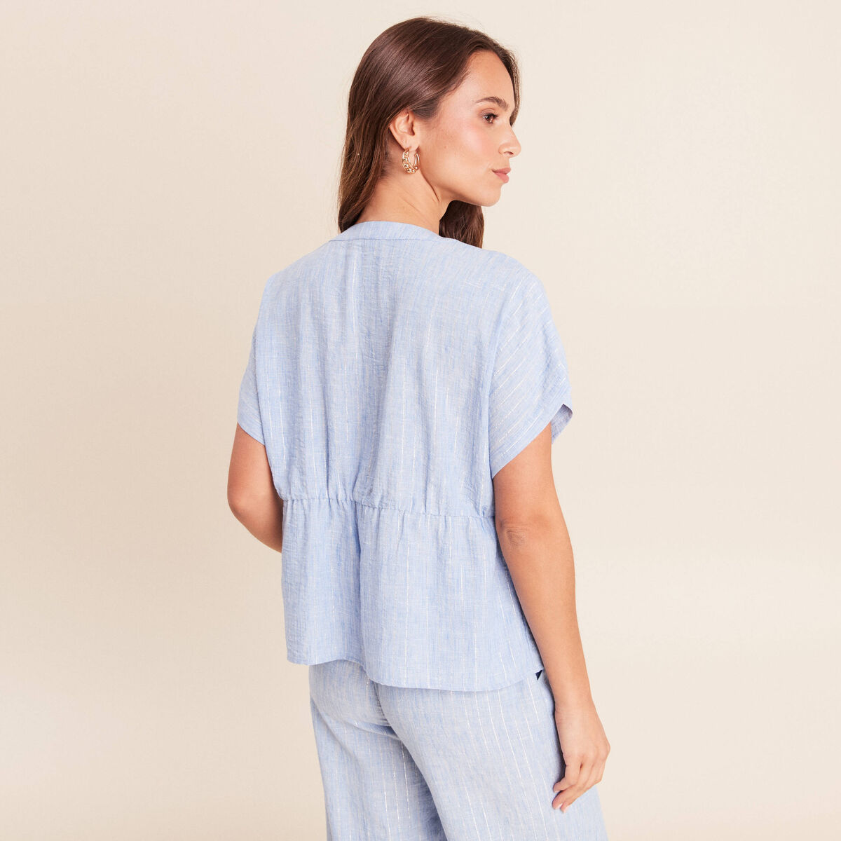 Blouse ample col v manches courtes bleu femme