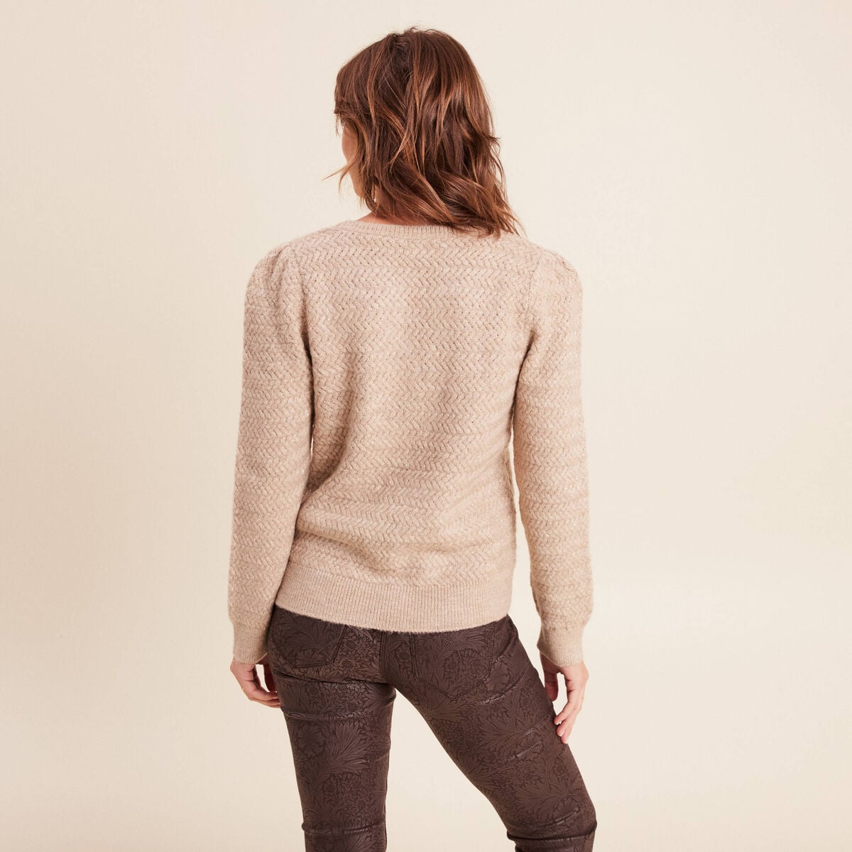 Pull col tunisien manches longues beige femme