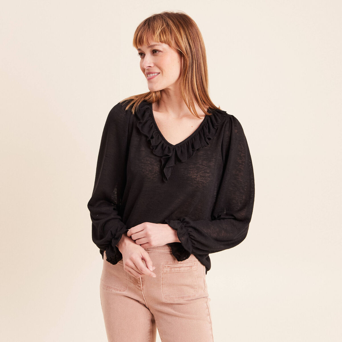 Blouse col v manches longues noir femme