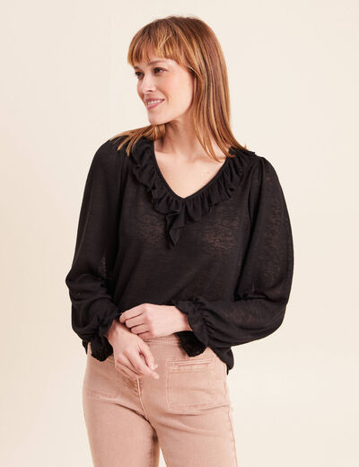 Blouse col v manches longues noir femme
