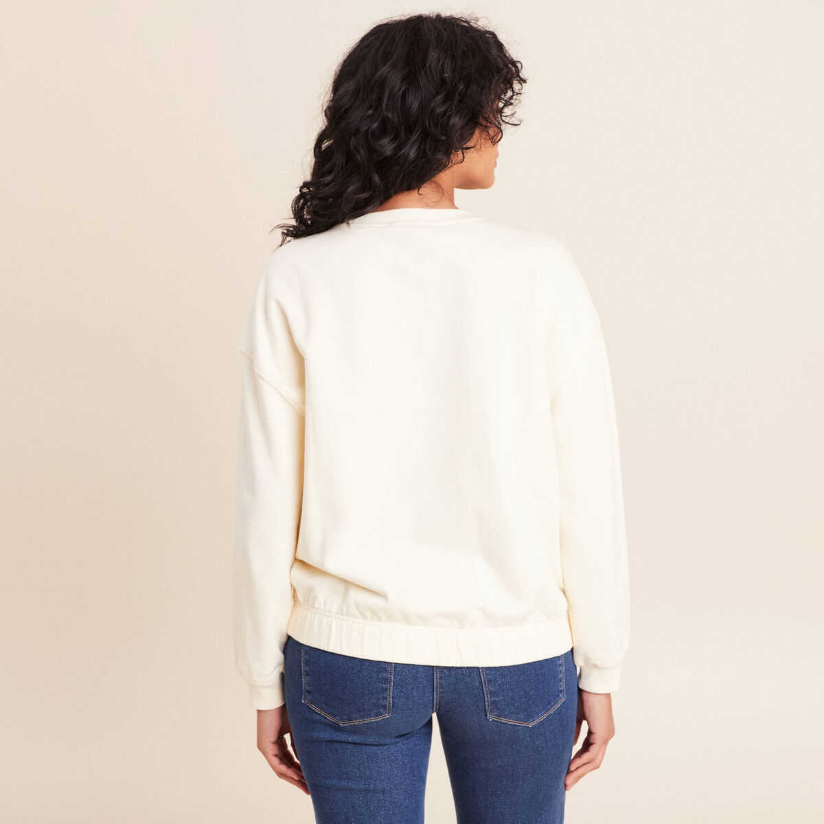 Sweat col rond broderie manches longues ecru femme