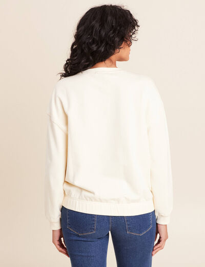 Sweat col rond broderie manches longues ecru femme