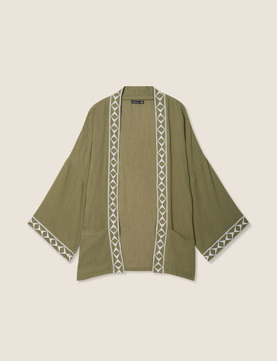 Veste esprit kimono brodée vert kaki femme
