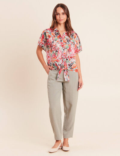 Pantalon large 7/8&egrave;me doubl&eacute; aspect lin vert clair femme