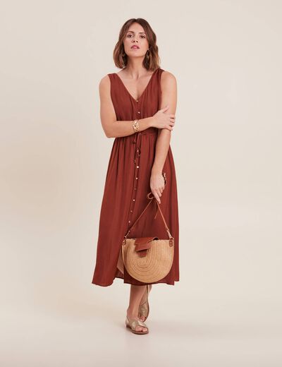 Robe midi évasée satin marron foncé femme