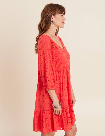 Robe courte manches 3/4 fluide rouge corail femme