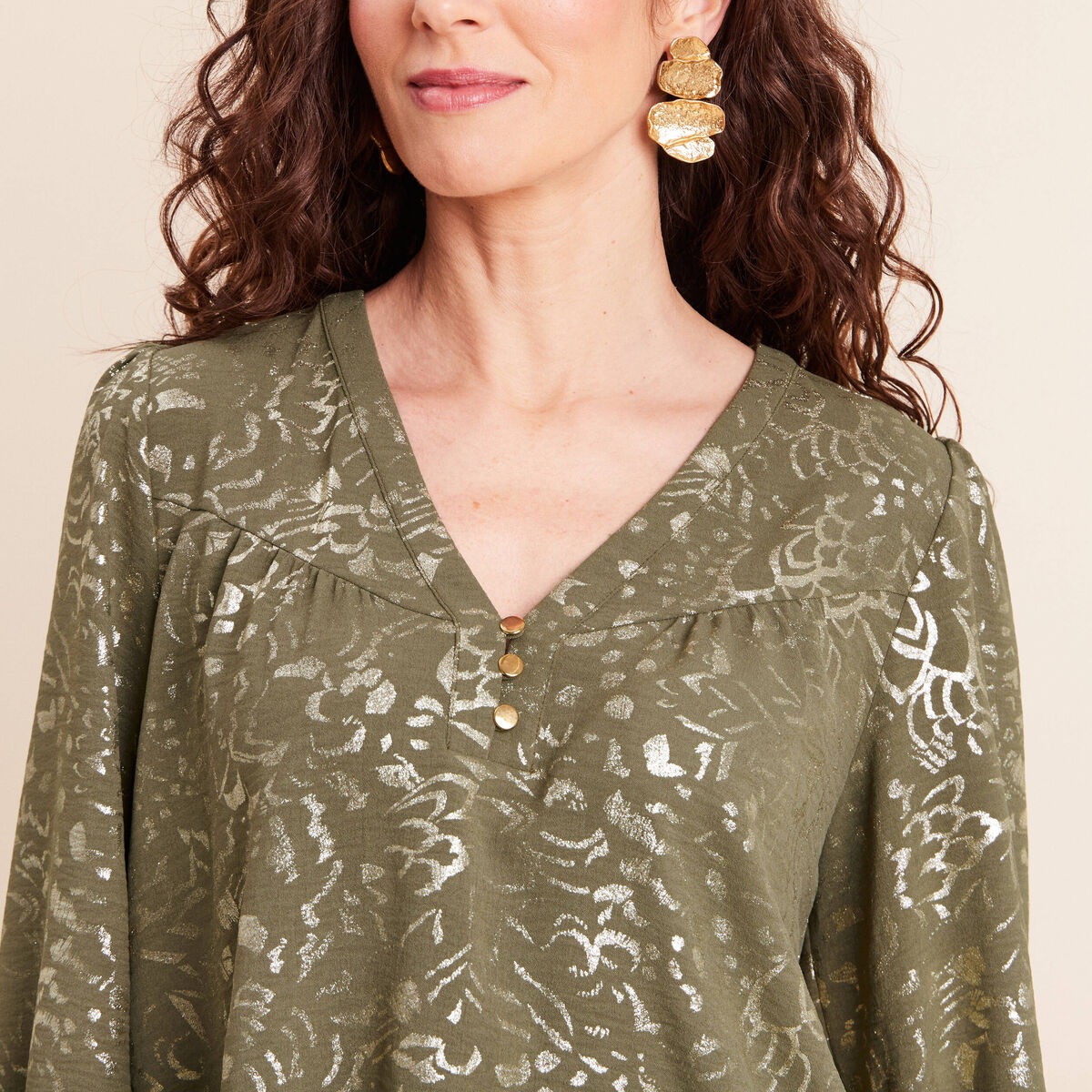 Blouse ample col v manches longues vert kaki femme
