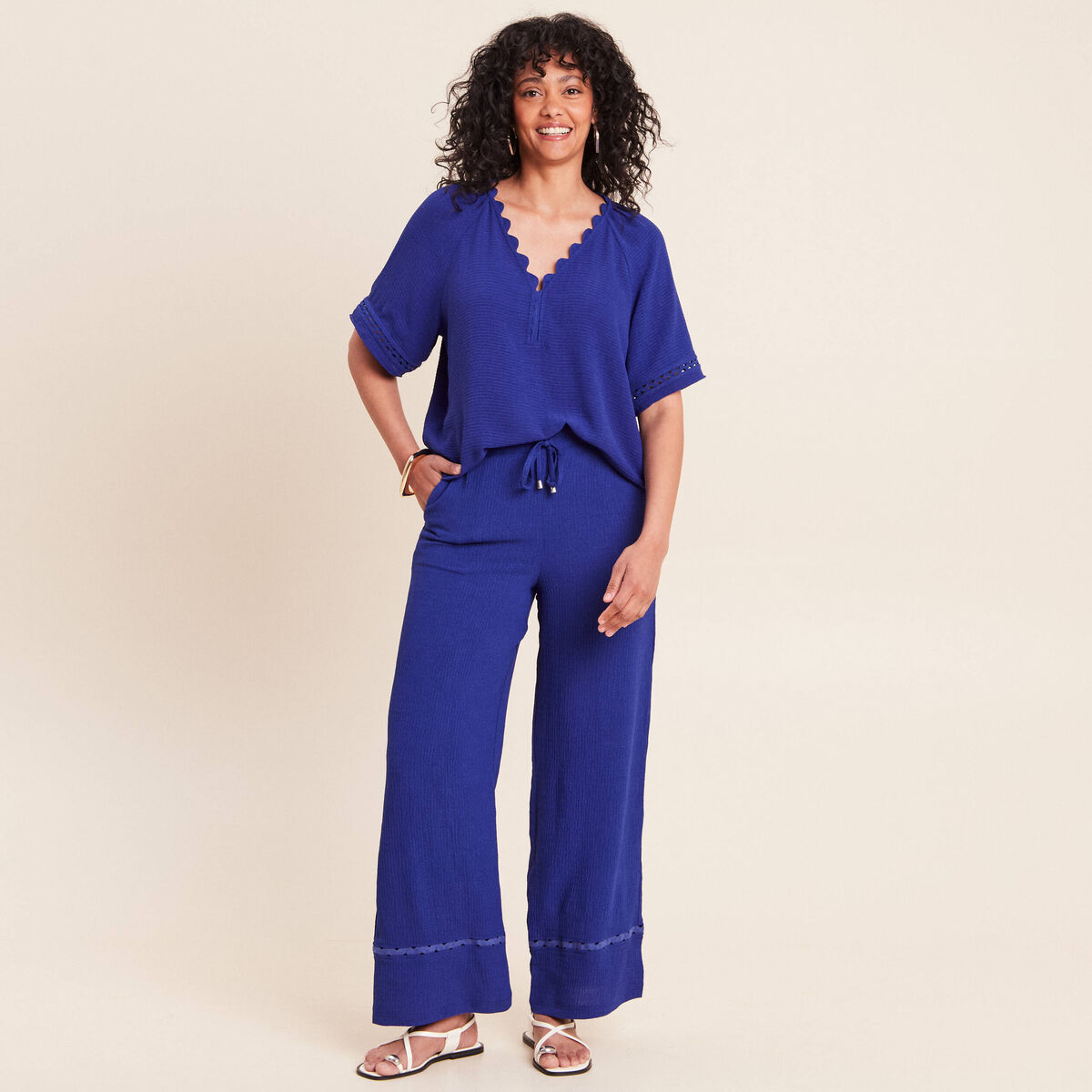 Pantalon large taille haute bleu fonc&eacute; femme