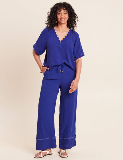 Pantalon large taille haute bleu fonc&eacute; femme