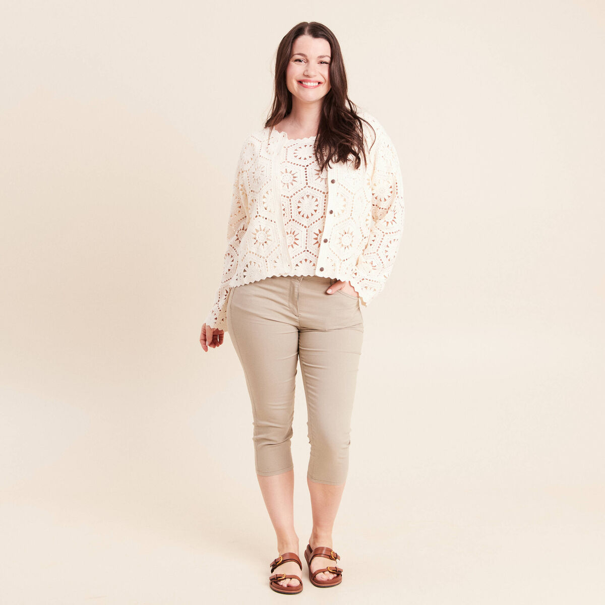 Gilet manches longues aspect dentelle ecru femme