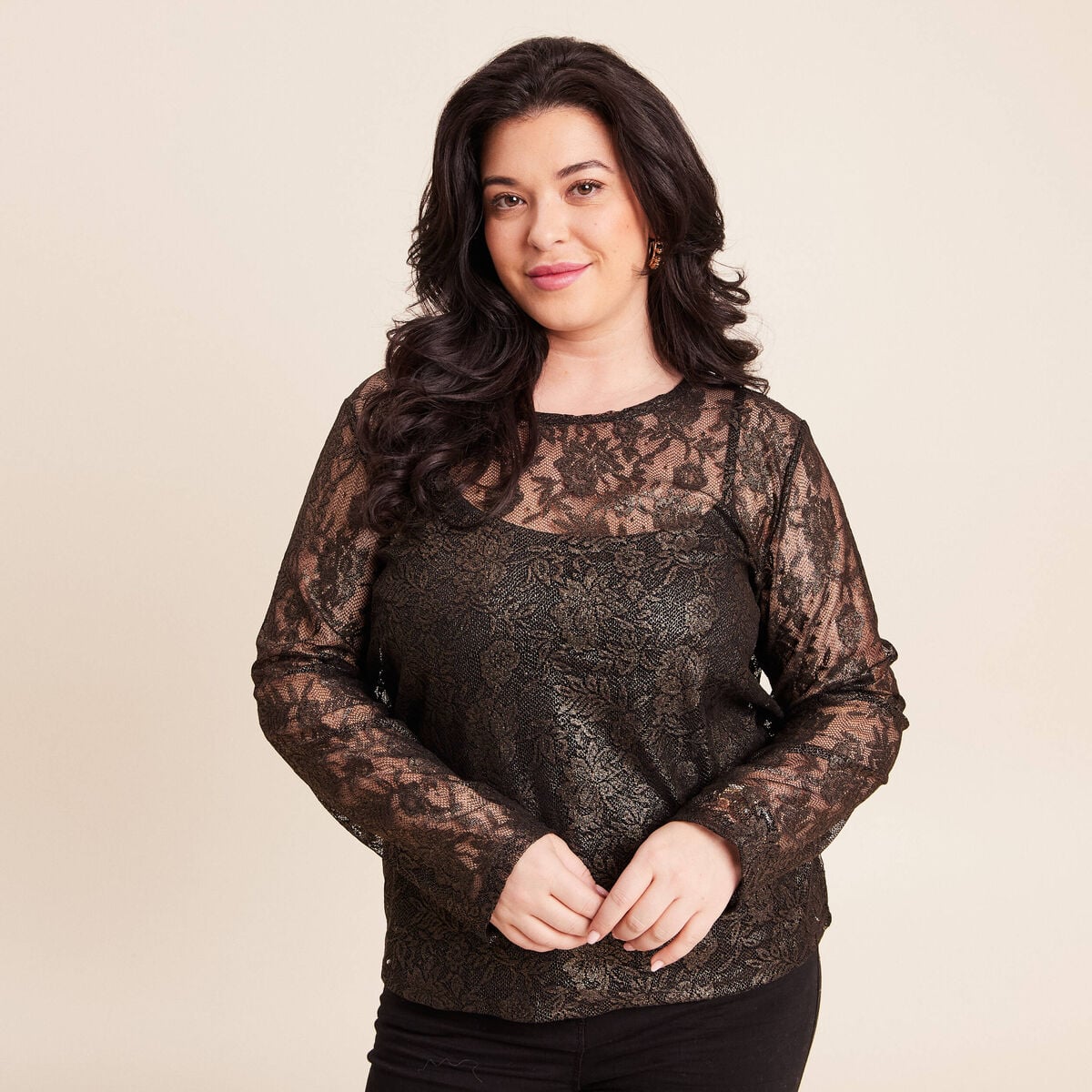 T-shirt dentelle manches longues vert kaki femme